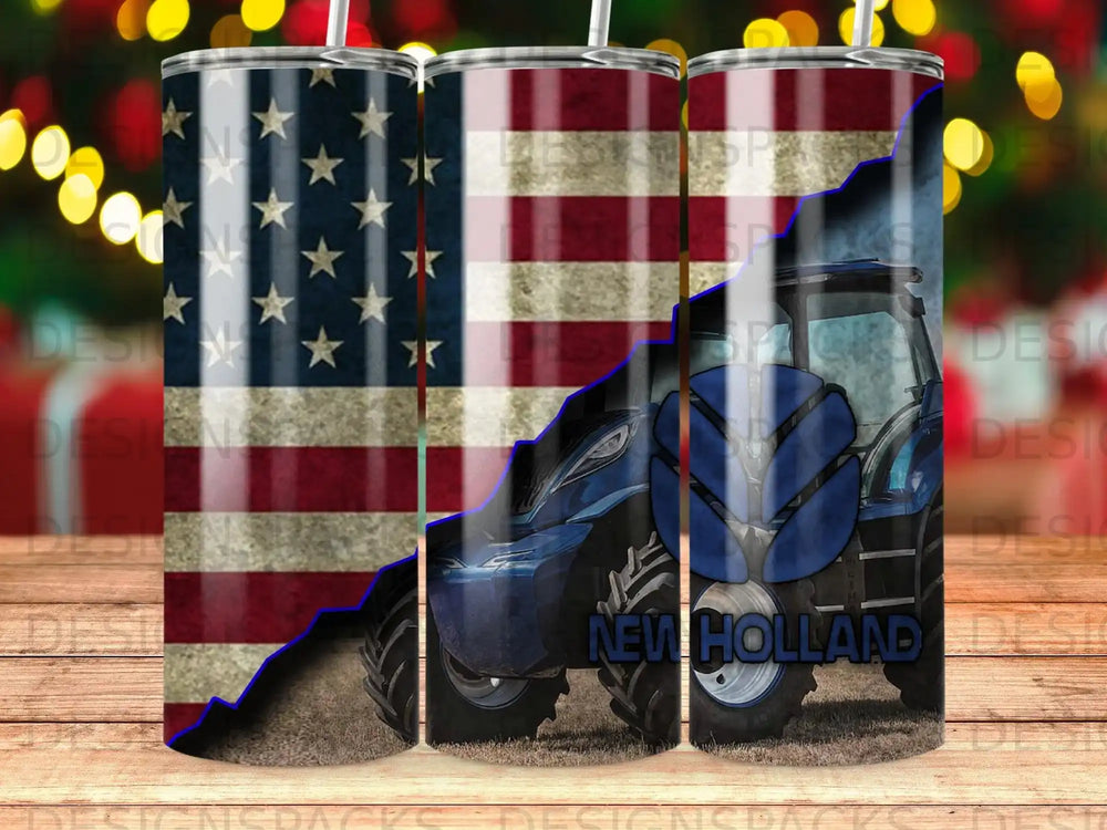Tumbler with American flag and New Holland tractor design.
