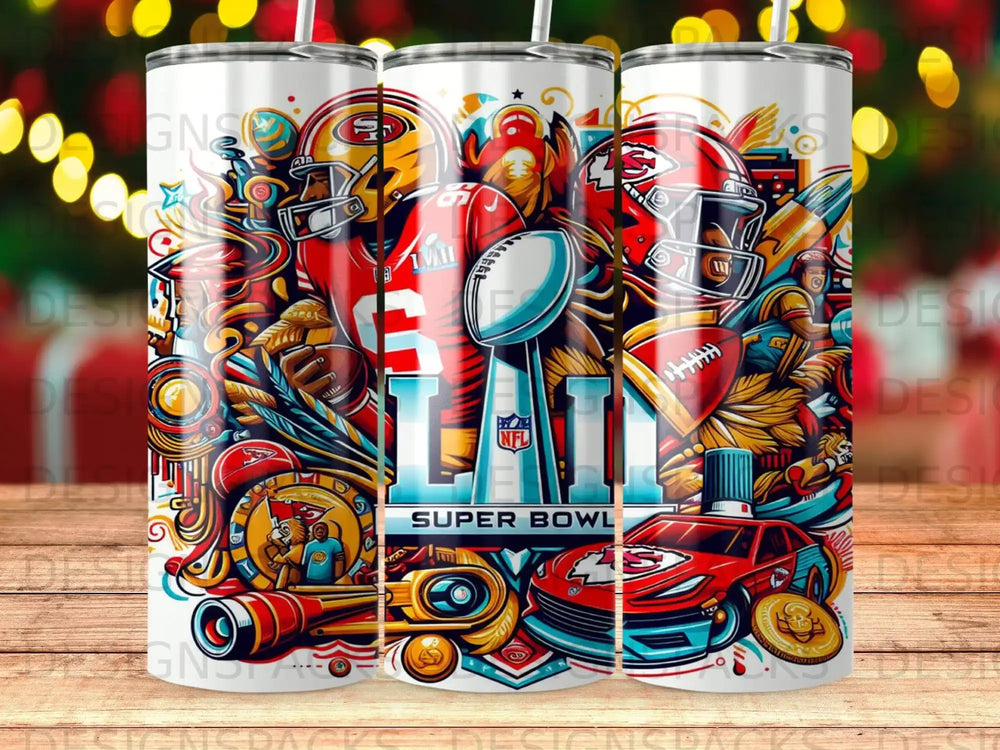 Super Bowl LVII tumbler featuring NFL team logos, players, and a race car.