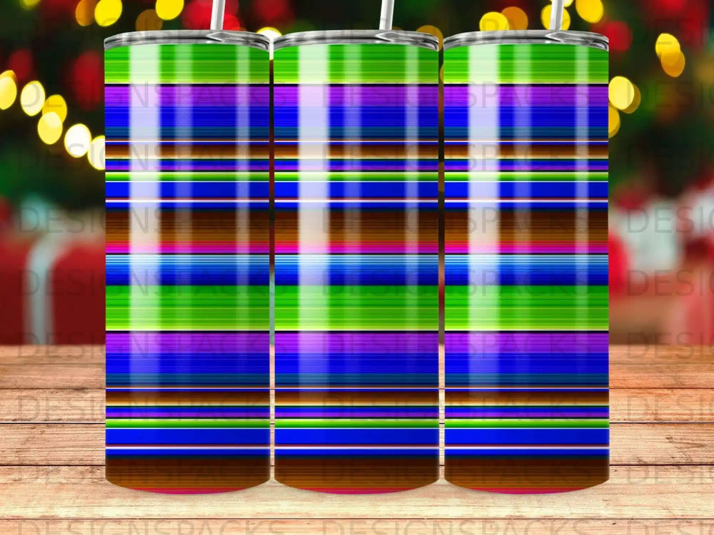 Tumbler with colorful horizontal stripes of green, blue, and purple.