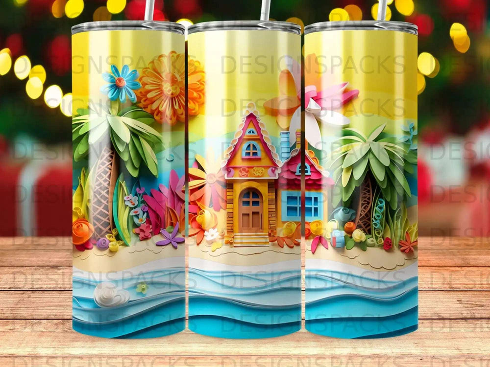 Beach house scene with palm trees, colorful flowers, and ocean waves.