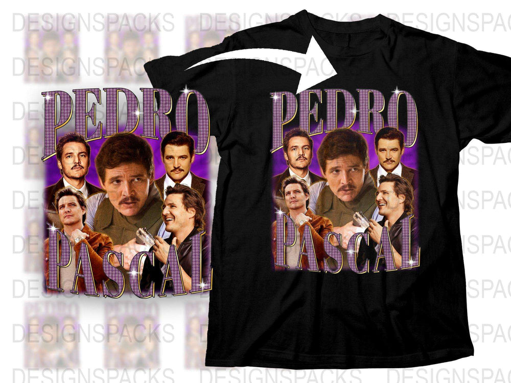 Pedro Pascal Fan T-Shirt, Movie Star Collage, Graphic Tee, Gift for Movie Lovers, Unisex Black Shirt
