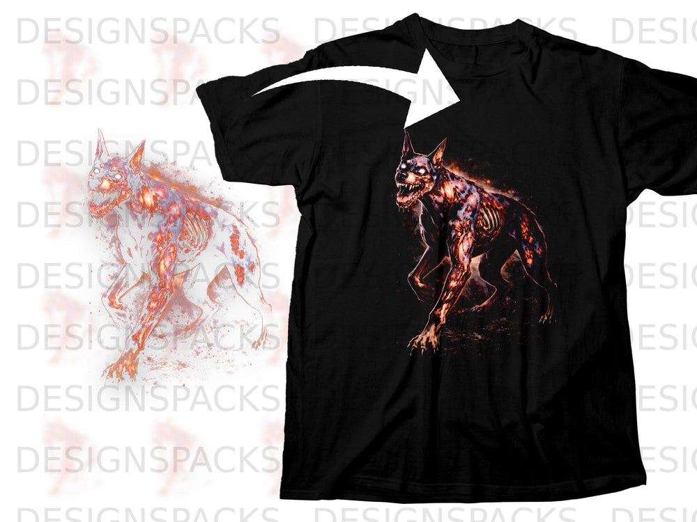 Black t-shirt with a distressed, fiery demon dog graphic on the chest.