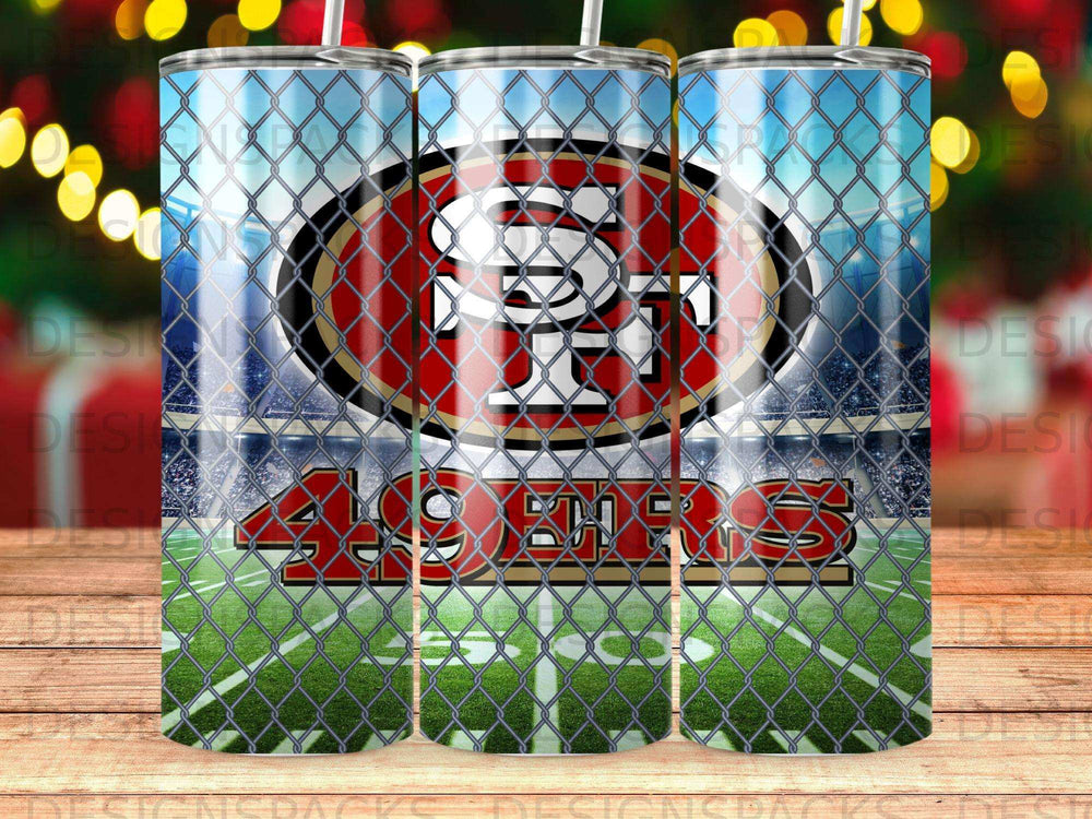 San Francisco 49ers logo and team name on a football field.