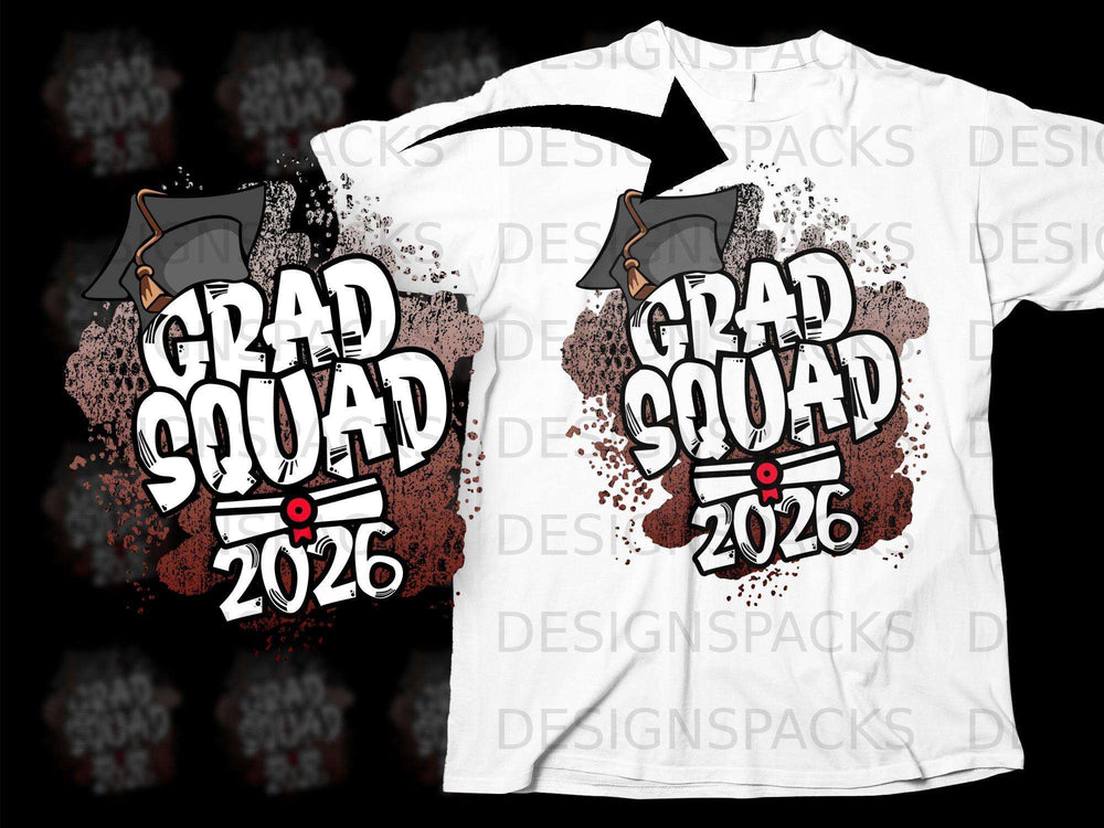White t-shirt with "Grad Squad 2026" graffiti-style graphic and graduation cap.