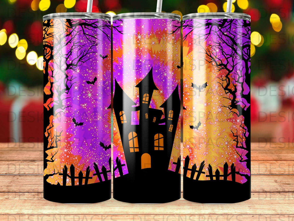 Halloween castle with bats and spooky trees on a purple and orange gradient.