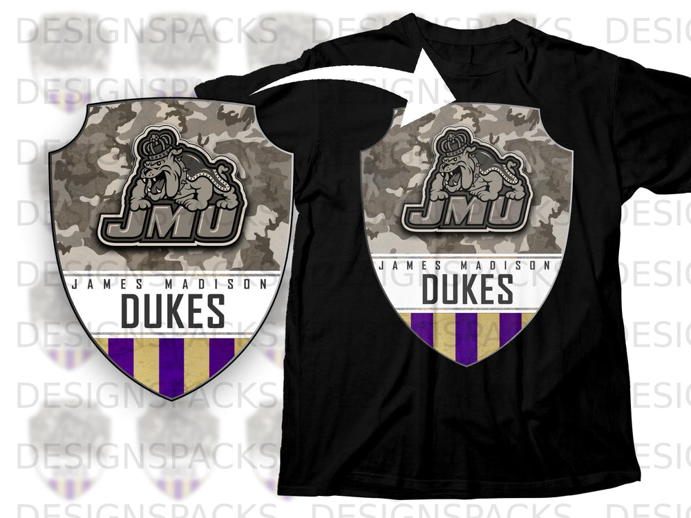James Madison Dukes shield logo with bulldog and camouflage on black t-shirt.