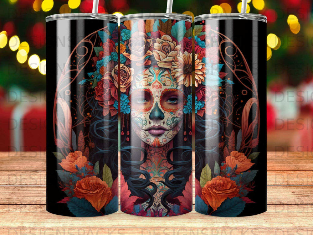 Floral sugar skull design on a black tumbler with colorful flowers.