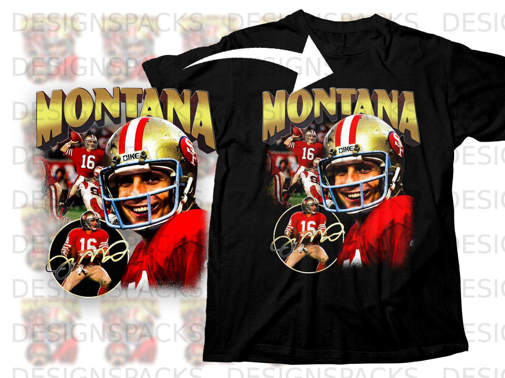 Joe Montana 16 football jersey graphic on black t-shirt with a vintage design.