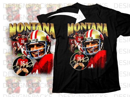 Joe Montana 16 football jersey graphic on black t-shirt with a vintage design.
