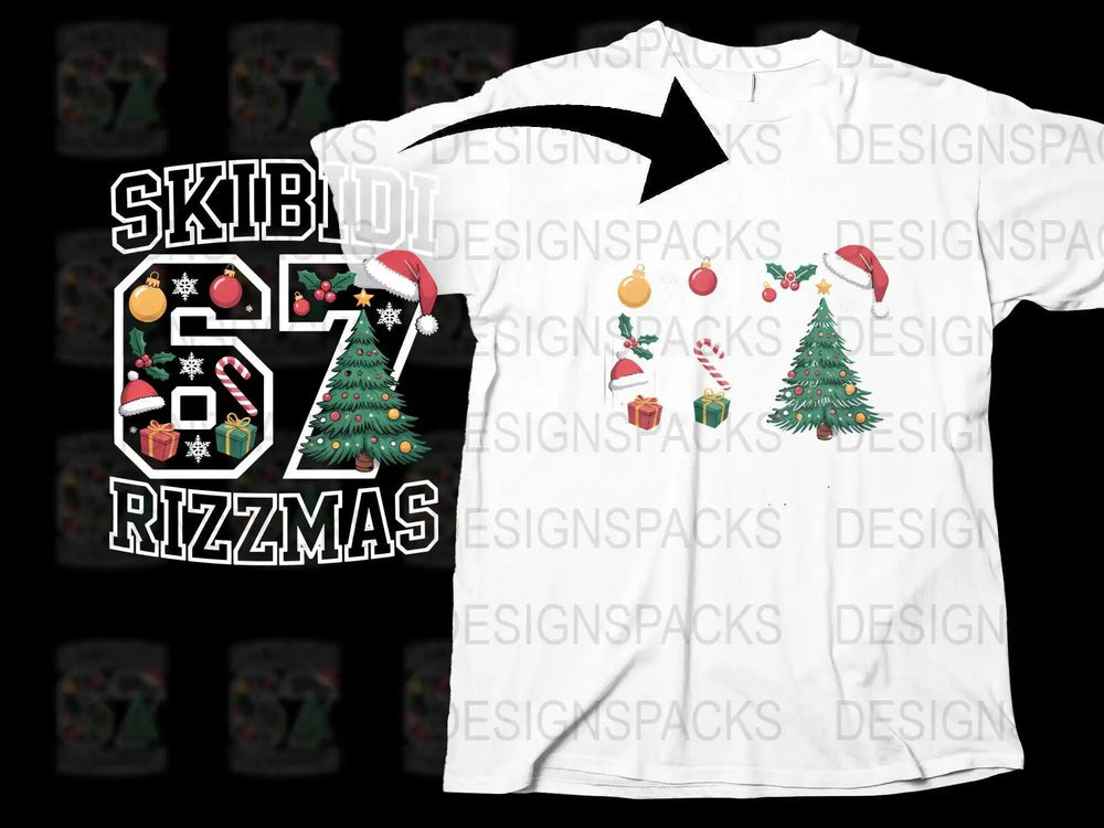 Festive Christmas T-Shirt, Skibidi 67 Rizzmas Design, Holiday Graphic Tee with Santa and Tree, Unisex Winter Apparel
