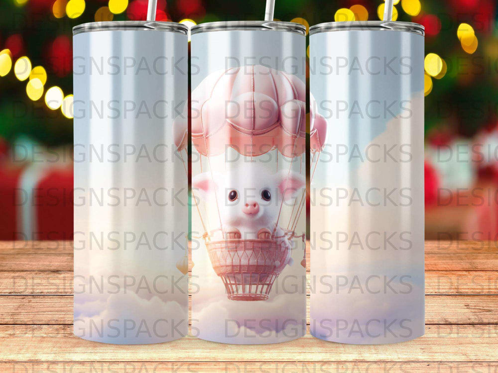 Pink pig in basket, pastel clouds, **DESIGNSPACKS** repeated across tumblers.