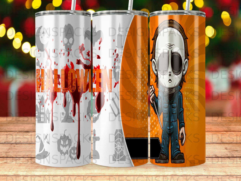 Michael Myers Halloween tumbler with blood splatters and "Halloween" text.