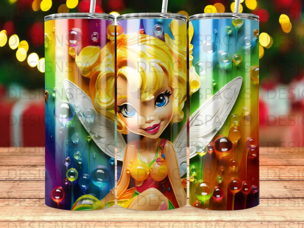 Fairy character with wings on a rainbow gradient tumbler with bubbles.