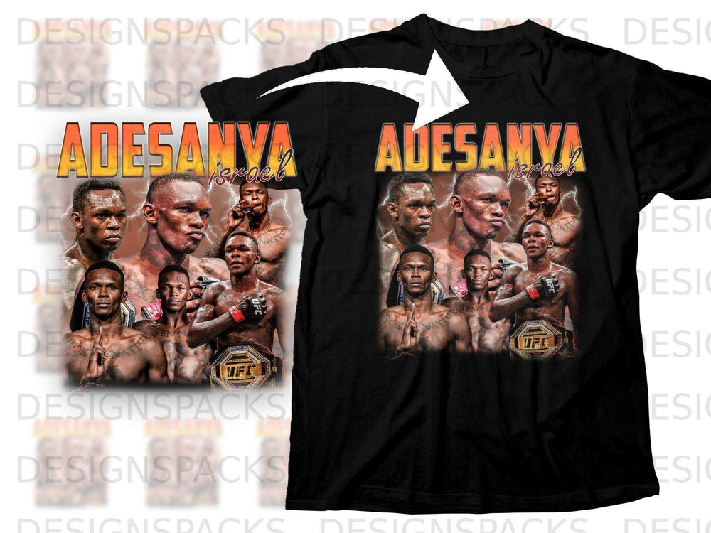 Black t-shirt with graphic featuring Adesanya and UFC logo.