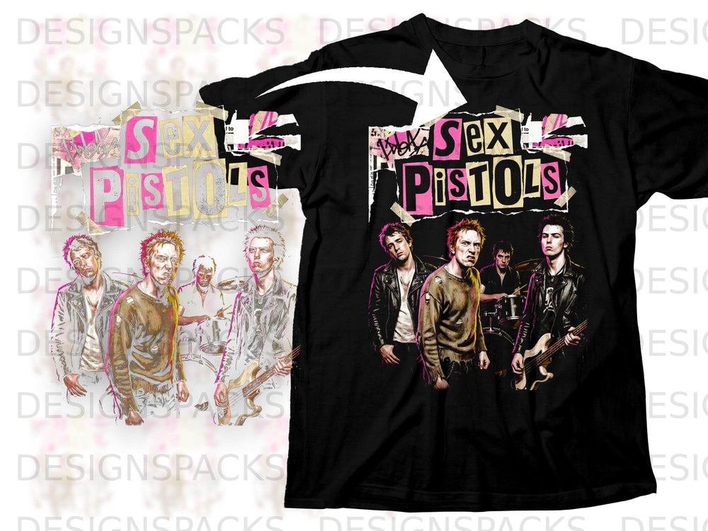 Black t-shirt with Sex Pistols band members and distressed "Sex Pistols" text graphic.