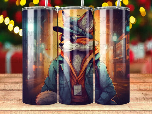 Anthropomorphic fox wearing sunglasses and a hat, with a blurred urban background.