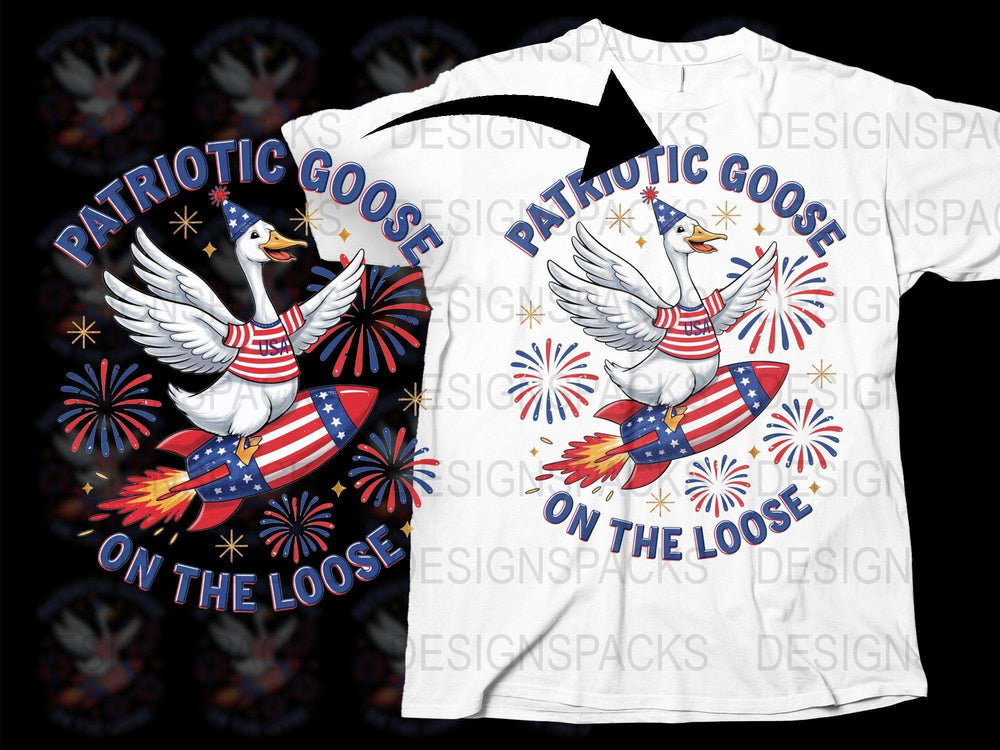 Patriotic Goose T-Shirt, USA Flag Wings, Fireworks Graphic Tee, Fun Fourth of July Apparel