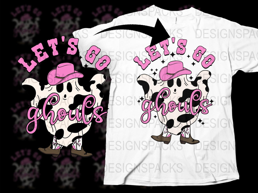 Let's Go Ghouls Cow Print Halloween T-Shirt, Women's Pink Cowboy Hat Graphic Tee