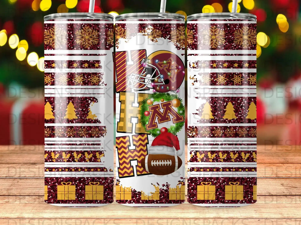"HO HO HO" text with Minnesota Vikings logo and football on festive background.