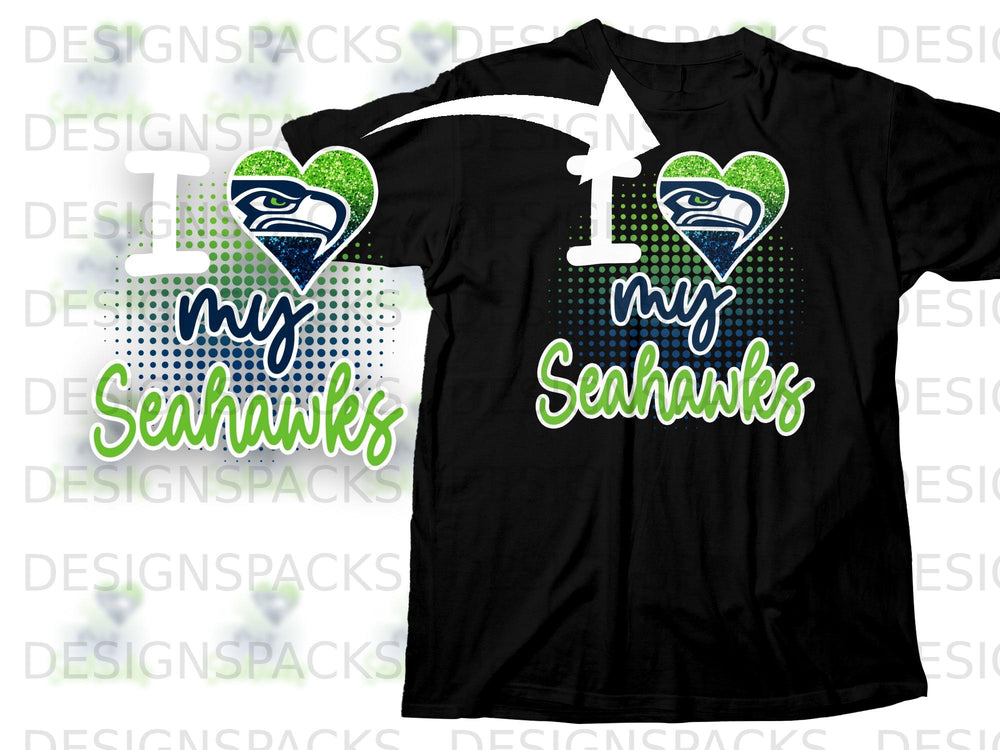 Black t-shirt with "I love my Seahawks" graphic featuring team logo.