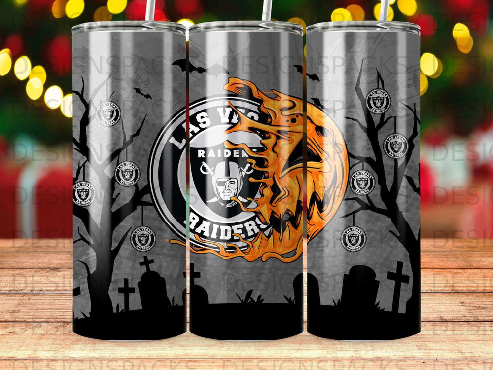 Las Vegas Raiders skull logo on a Halloween themed tumbler.