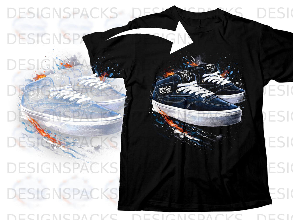Black t-shirt with graphic of navy blue Vans Half Cab sneakers with orange and blue paint splatter.