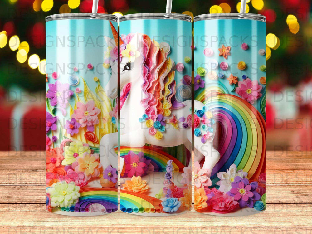 Rainbow unicorn with flowers and rainbow design on a tumbler.