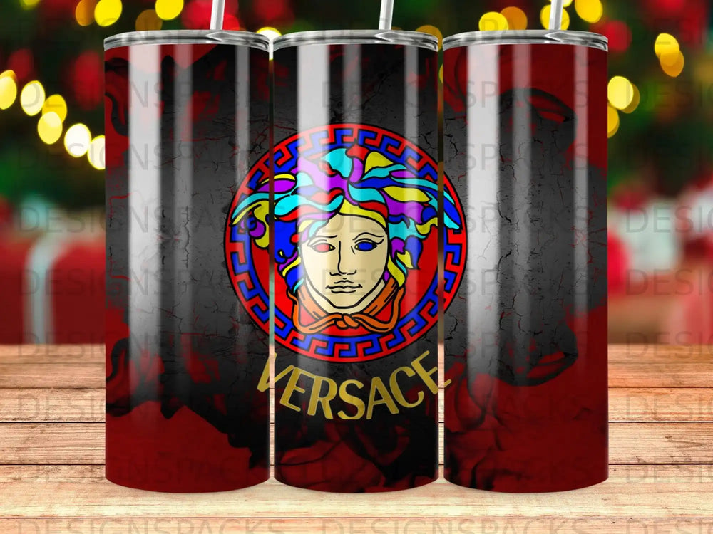Versace tumbler with Medusa logo and red watercolor background.