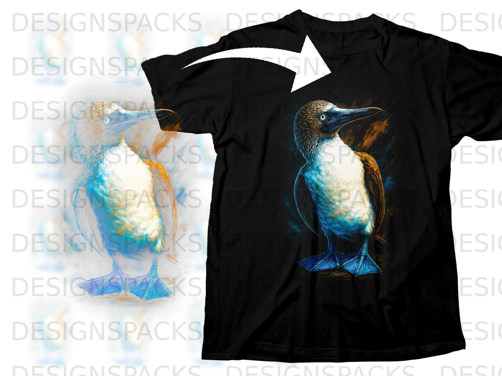 Black t-shirt featuring a blue-footed booby bird illustration with watercolor effects.