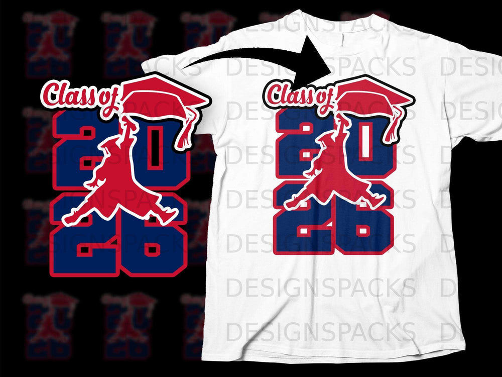 Red silhouette graduate cap and figure over "Class of 2026" blue numbers.