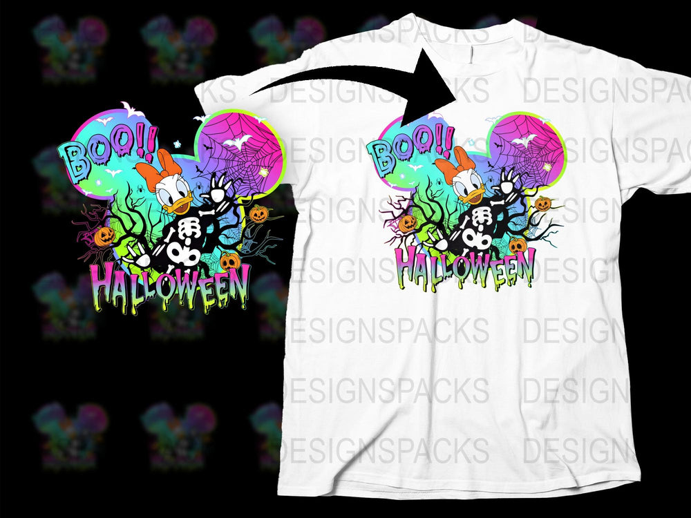 Colorful Halloween Graphic T-Shirt, Boo! Spooky Monsters and Pumpkins Design, Unisex Casual Wear.