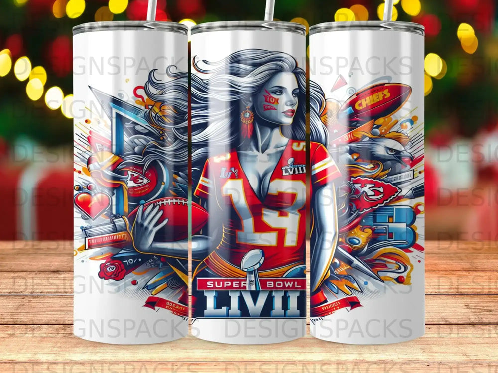 Kansas City Chiefs Super Bowl LVIII fan with football and team logos.