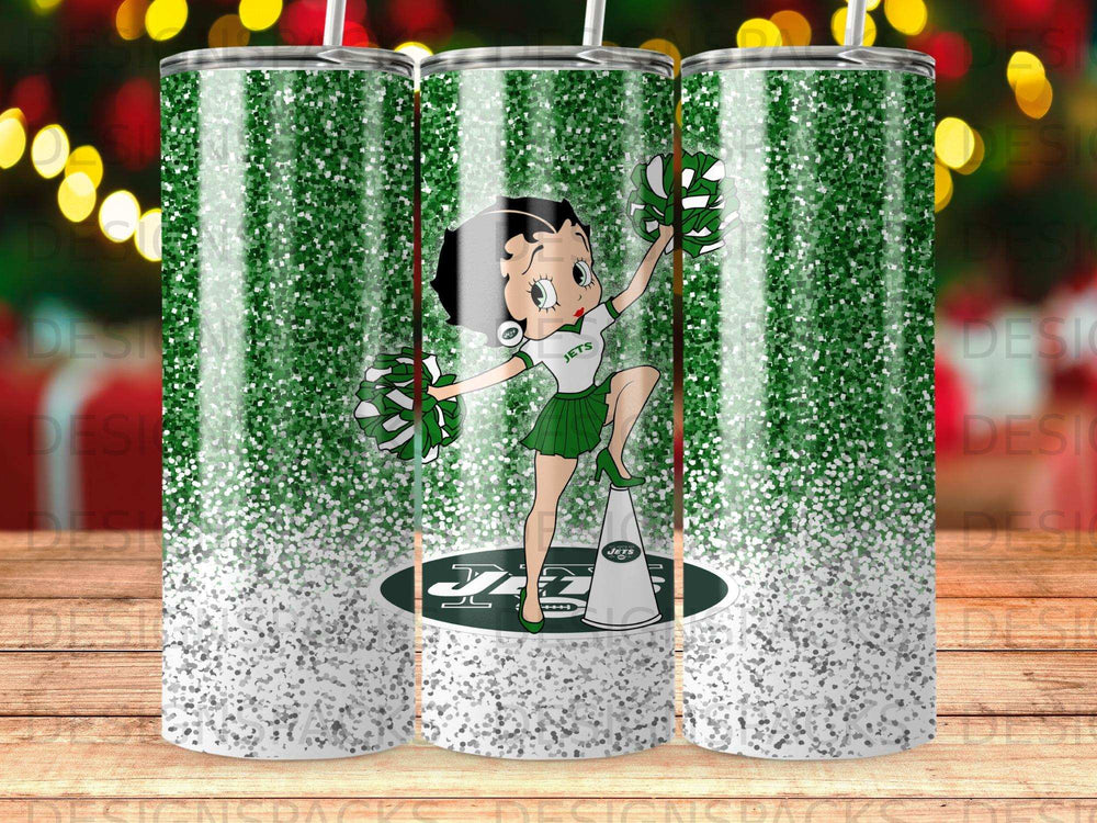 Betty Boop mascot in Jets uniform with pom-poms and glitter.