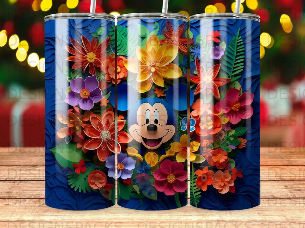 Mickey Mouse with vibrant, colorful paper flowers on a textured blue background.