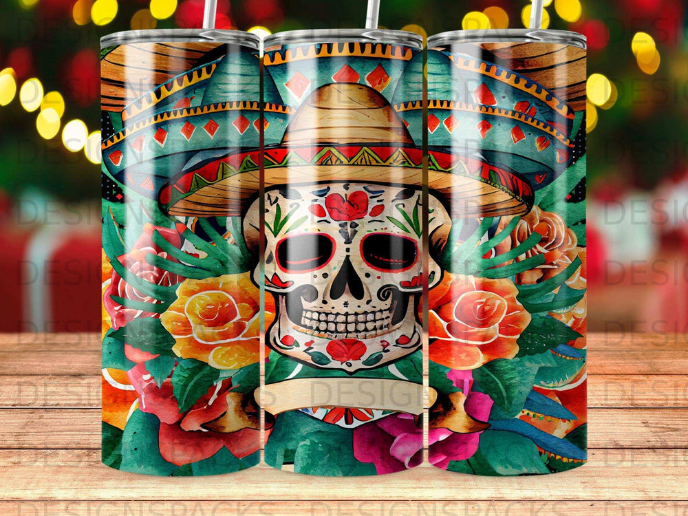 Sugar skull with sombrero and floral design on tumblers.