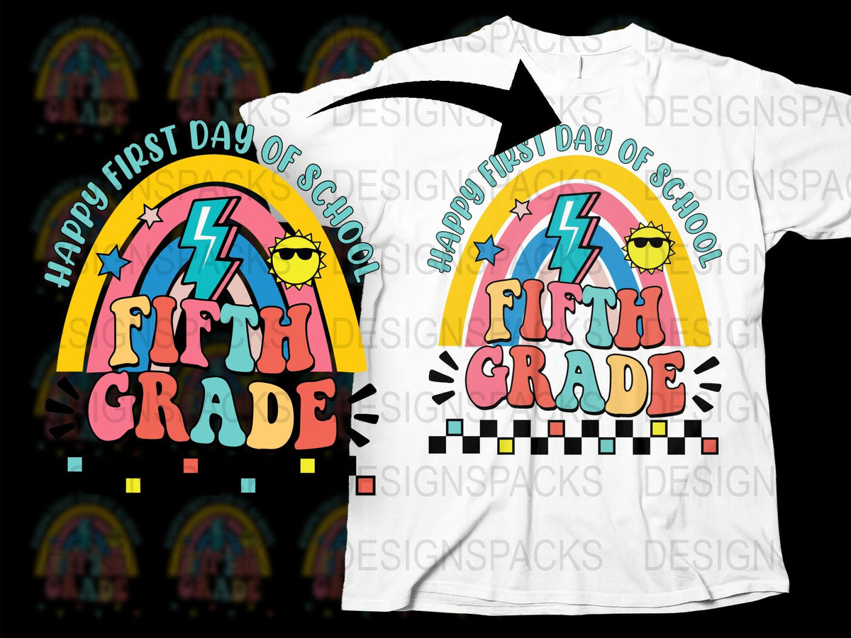 Happy First Day of School Fifth Grade T-Shirt, Colorful Kids Back to School Tee, Fun Elementary School Outfit