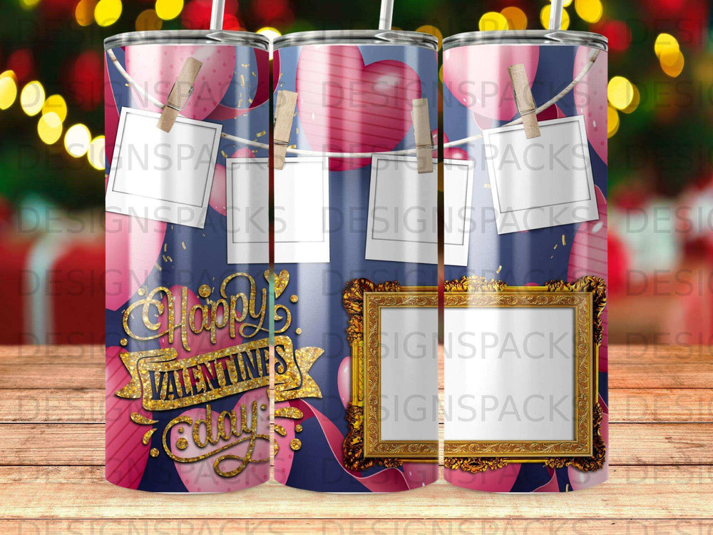 Valentine's Day tumbler with pink hearts and gold ribbon.