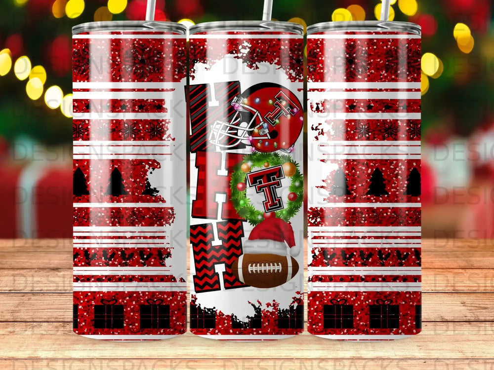 Red and white striped tumbler with "HO HO HO" text and a football.