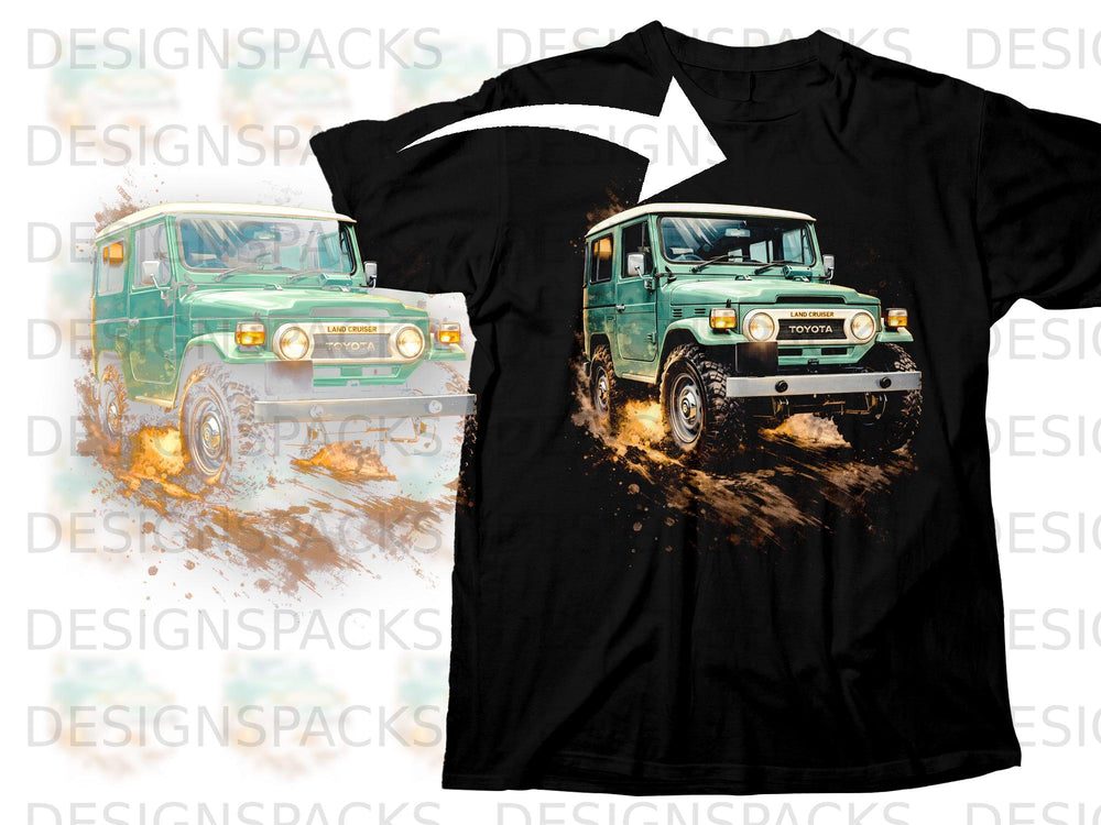 Green Toyota Land Cruiser driving through mud with graphic splatter effect.