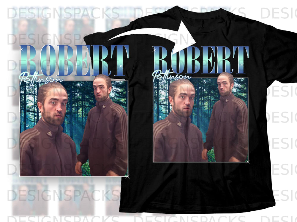 Black t-shirt with "Robert Pattinson" text and two portraits of Robert Pattinson.