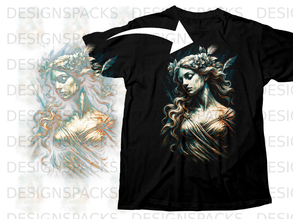 Black t-shirt featuring a detailed print of a woman with flowing hair adorned with flowers and feathers.