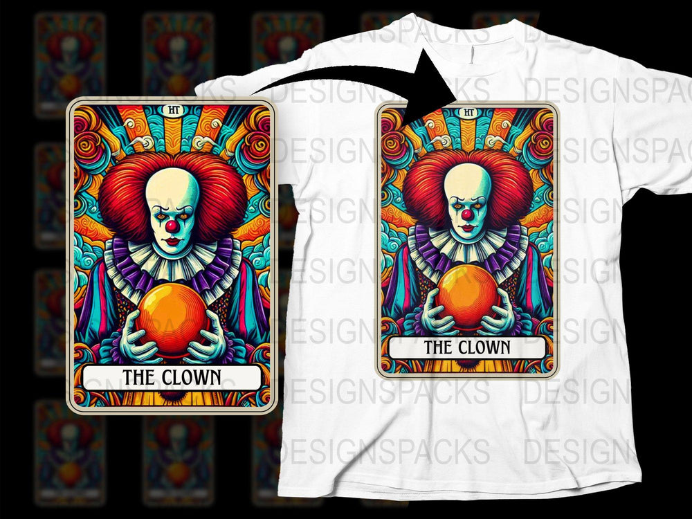Colorful Clown Tarot Card Design T-Shirt, Unisex Horror Movie Inspired Graphic Tee, Vibrant Art Print Shirt