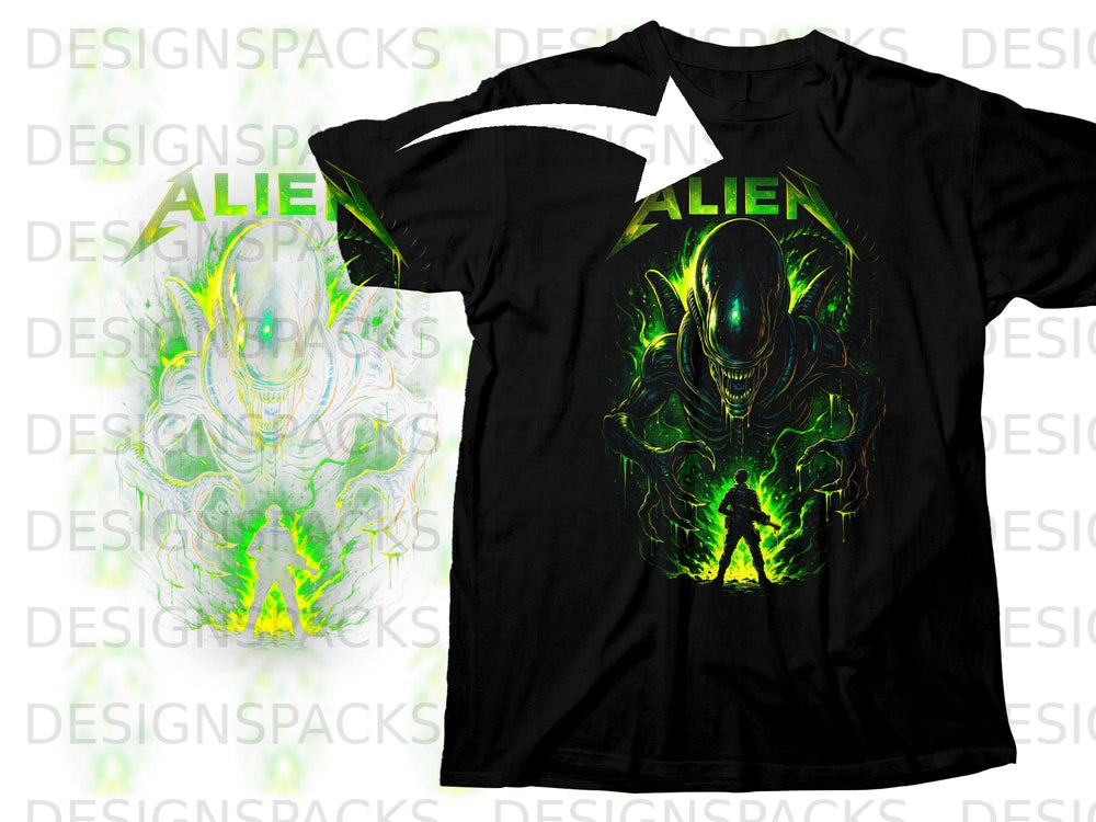 Black t-shirt with a vibrant green Alien graphic and a silhouetted person.