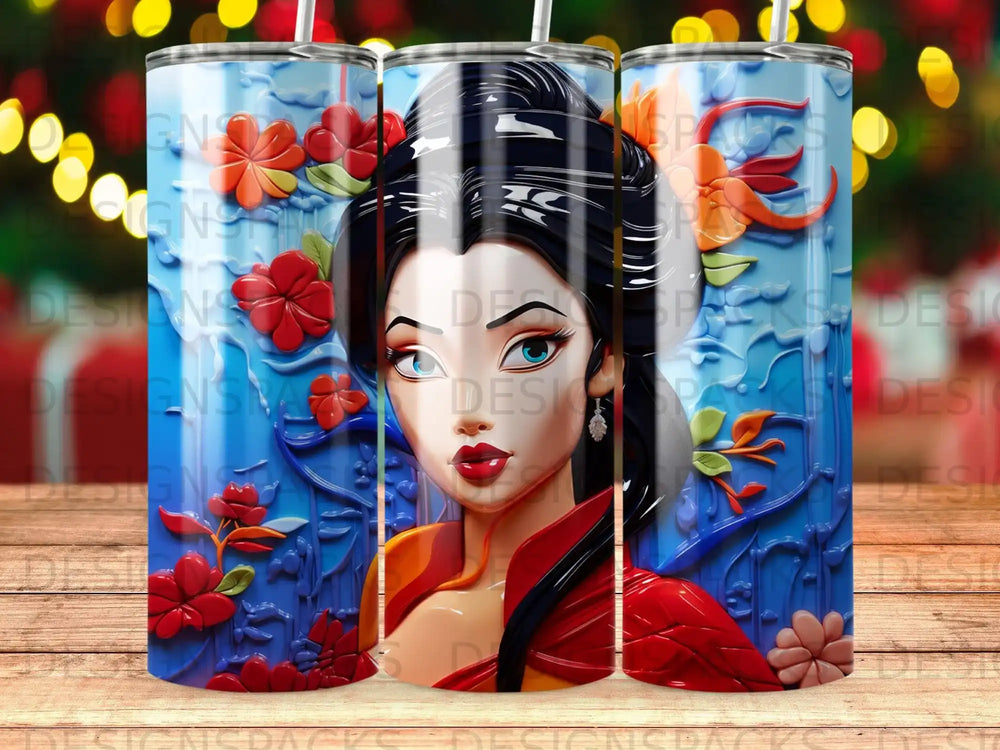 Geisha with red and blue floral motifs on a cylindrical tumbler.