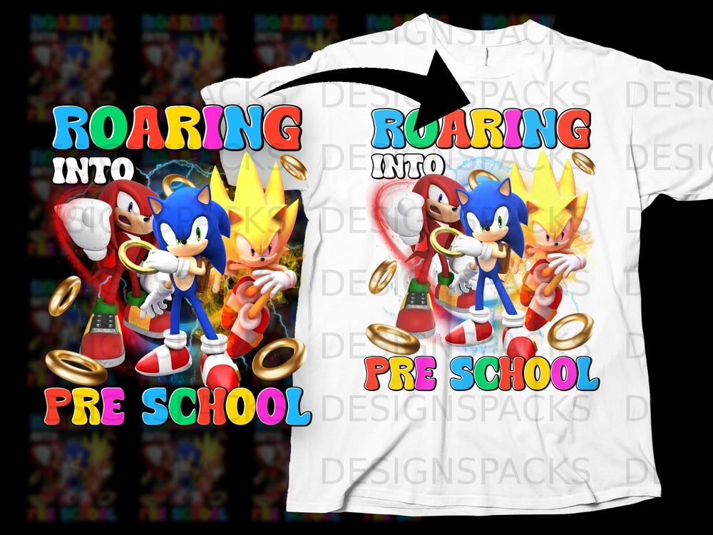 Sonic, Tails, and Knuckles with "ROARING INTO PRE SCHOOL" text.