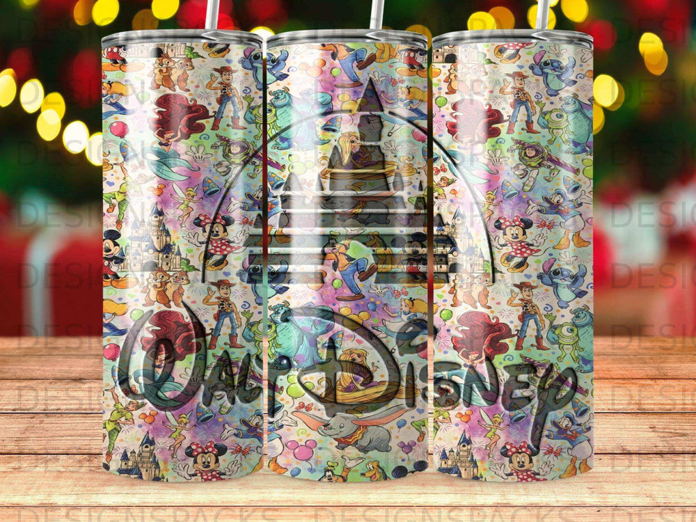 Disney characters and castle pattern on a tumbler.