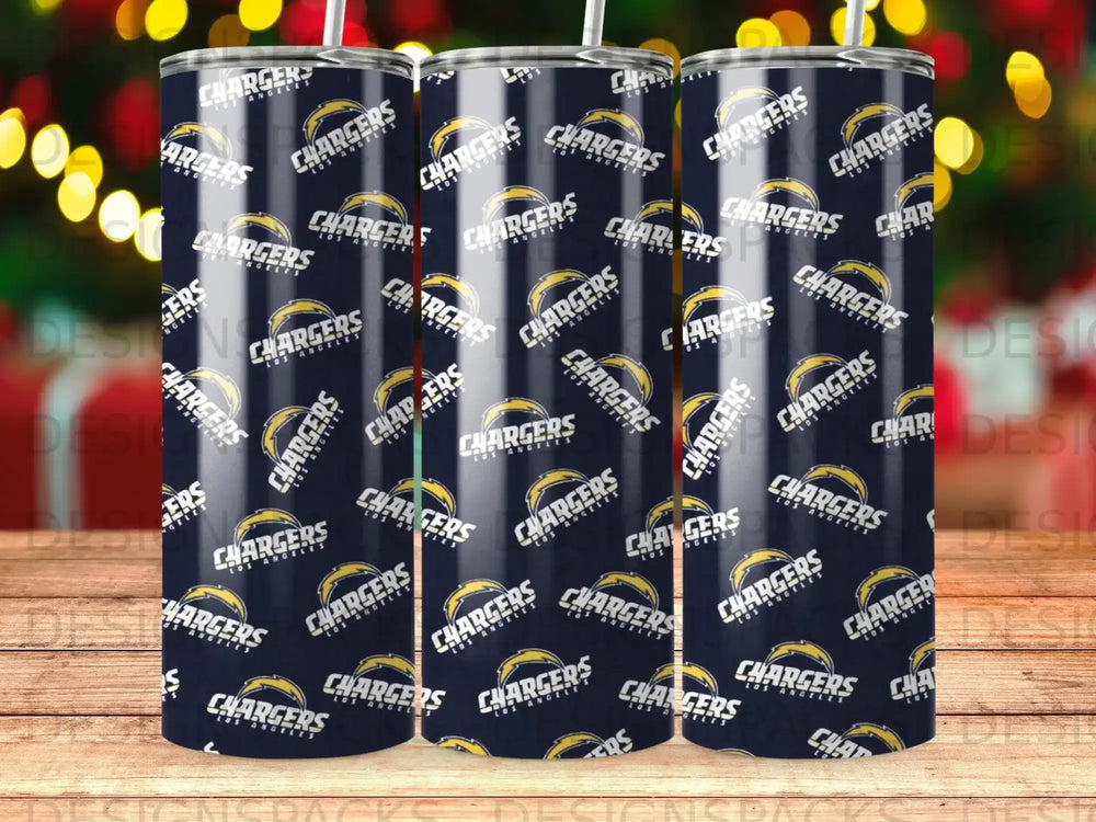 Los Angeles Chargers logo repeated on three insulated tumblers.