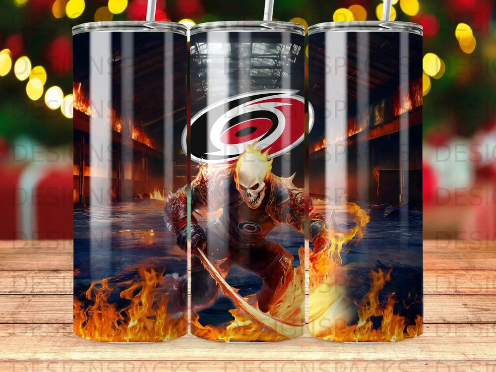 Carolina Hurricanes mascot in flames with a scythe.