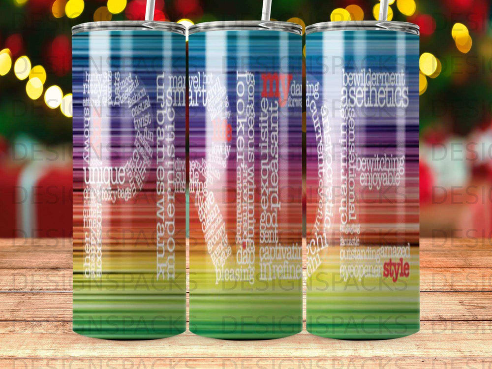 Collage of words describing positive feelings and fashion terms on a tumbler.