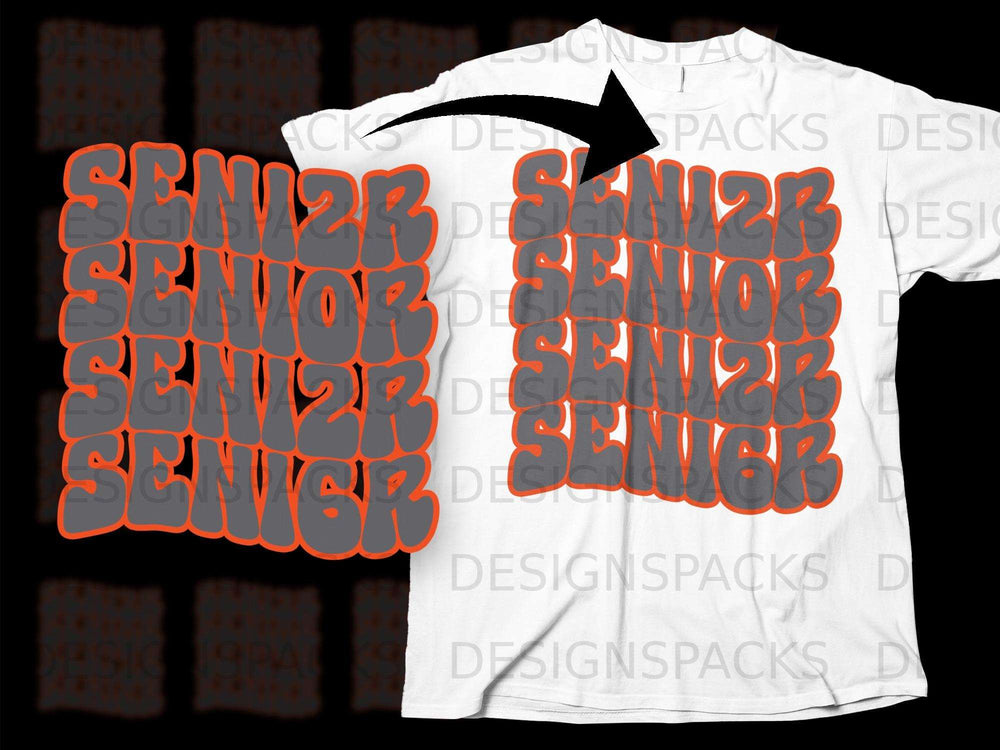 White t-shirt with repeating "SENIOR 2K26" text design in orange and gray.
